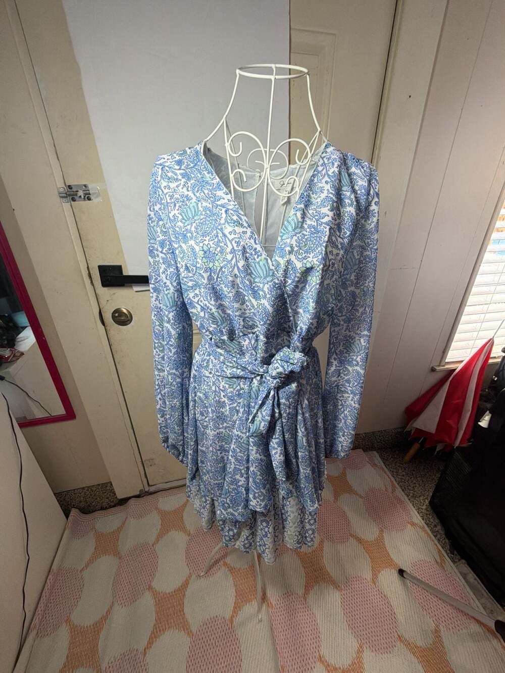 Joyana Blue and White Floral Long Sleeve Wrap Tie Ruffle Mini Dress Size M